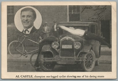 SIGNED ! AL CASTLE CHAMPION ONE LEGGED CYCLIST ANTIQUE POSTCARD