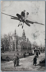 PHOTOMONTAGE AIRPLANE BRUSSELS 1910 ANTIQUE REAL PHOTO POSTCARD RPPC