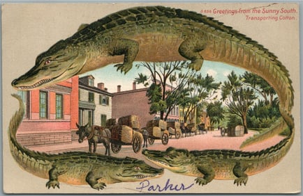 ALLIGATOR BORDERS ANTIQUE POSTCARD SUNNY SOUTH GREETINGS TRANSPORTING COTTON