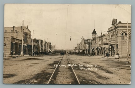 WINFIELD KS MAIN STREET SCENE TROLLEY ANTIQUE REAL PHOTO POSTCARD RPPC