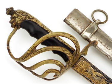 Italian WWI to WWII Officers Sword Blue Gilded Blade, Crowned Lion Head Pommel