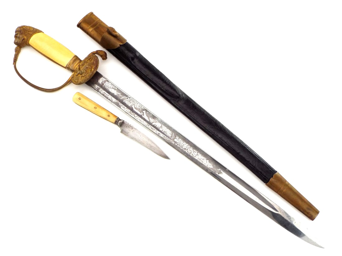 High Quality German 19th C Nobleman Hirschfanger Hunting Sword with Side Knife: High Quality German 19th C Nobleman Hirschfanger Hunting Sword with Side Knife Full Length 43 Inches Blade Length 6 Inches