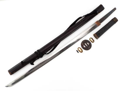 Japanese Samurai Edo Period Katana: Katana-Shinogi Zukuri Edo Period (1600-1867) Ubu/uncut unsigned but numbered (Daimyo Arsenal) Korshirae, Buke-zukuri w/ mixed metal mounts, polished, buffed, battle scarred Full length 36 Inches Blade