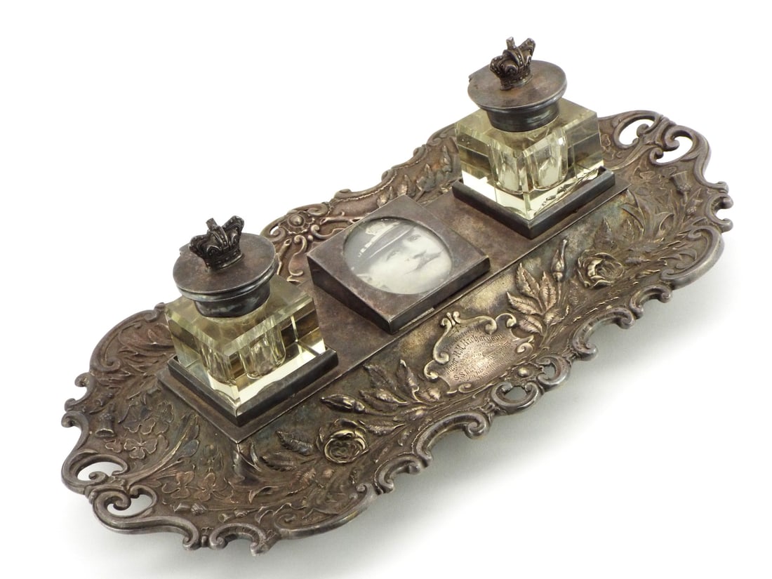 British Regimental Silver Presentation Inkwell: An incredible silver plate regimental presentation inkwell presented by Major R. M. Richardson of the 4th Kings Hussars to the SS Thorneycroft on his leaving the B squadron, June 1897. Overall is very