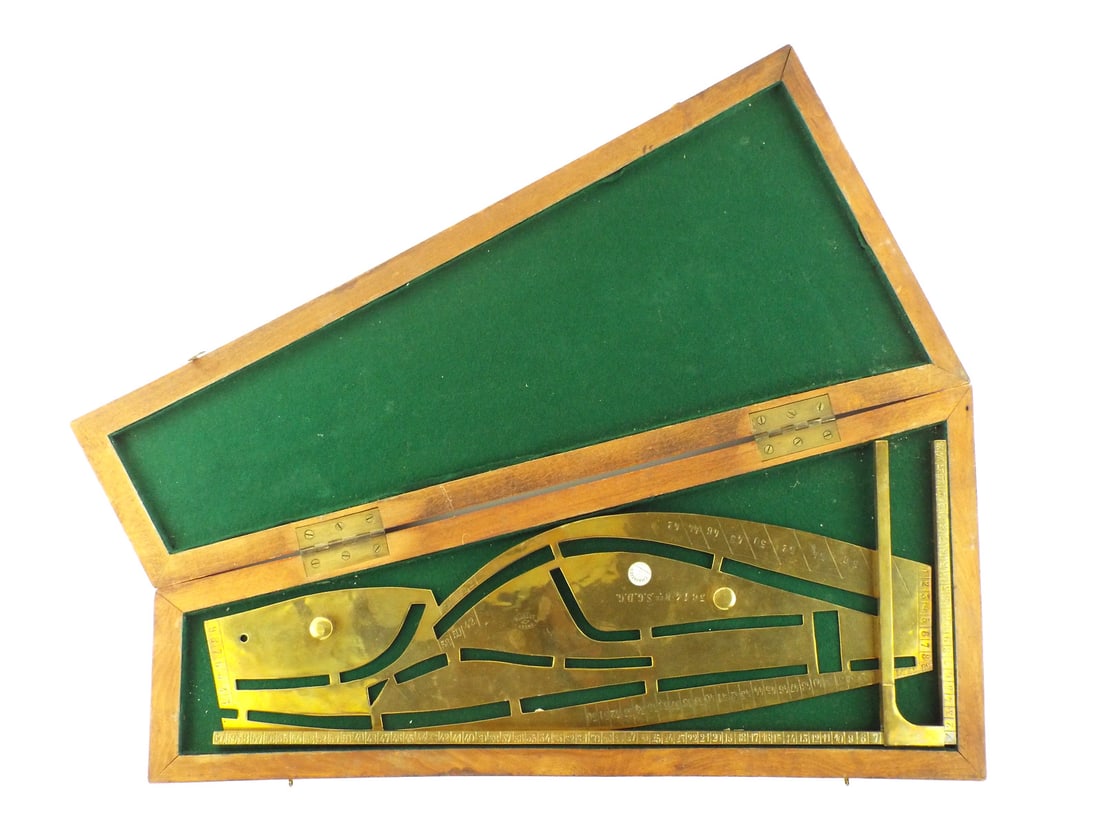 French Napoleonic Sailing Ship Drafting Set: A very rare French Napoleonic Era drafting set for a wooden ship. Comes in a wooden case with two brass instuments. One has old Christies Auction tag present. A quite rare piece of Napoleonic Naval Hi