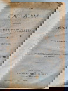 1861 BIBLE in ENGLISH ANTIQUE OLD & NEW TESTAMENTS Americana CIVIL WAR ERA: New York; 1861. Size 4.5 by 7". Original embossed binding, worn. good interior.