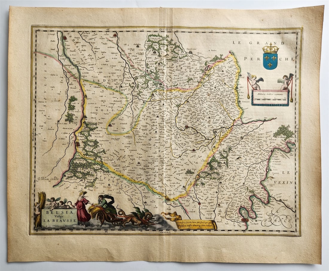 1640 MAP BELSIA VULGO LA BEAUSSE FRANCE W. BLAEU antique AUTHENTIC hand colored: MAP. BELSIA VULGO LA BEAUSSE. Amsterdam: Willem Blaeu; 1640. (from : Theatrum orbis terrarum, sive Atlas novus). Loire River Valley between the namesake waterway and the Seine, visible in the lower le