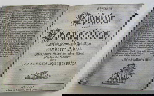 1785 LUTHERAN BIBLE in GERMAN ILLUSTRATED edited Johann Spangenberg ANTIQUE: Lutheran Bible, edited Johann Spangenberg. 2 vols bound in one, fully illustrated with wood engravings, original leather binding, worn and rubbed. Good interior condition, some toning. Fournier & Jaco