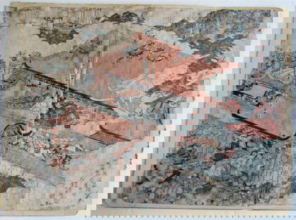 JAPANESE WOODBLOCK PRINT DIPTYCH by UTAGAWA SADAHIDE EDO PERIOD: Size of each part 9 1/2 by 14 3/4". Some wear, attached to cardboard with drops of glue in the corners.