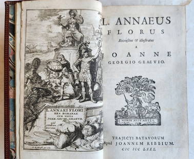1680 FLORUS ILLUSTRATED EDITION ANTIQUE DECORATIVE BINDING: Florus, Publius Annaeus . Recensitus & illustratus. Edited by Johann Graevius. Trajecti Batavorum: Ribbium, 1680. Additional engraved title, engravings within text. 8vo: 4 3/4 by 7". straight grain re