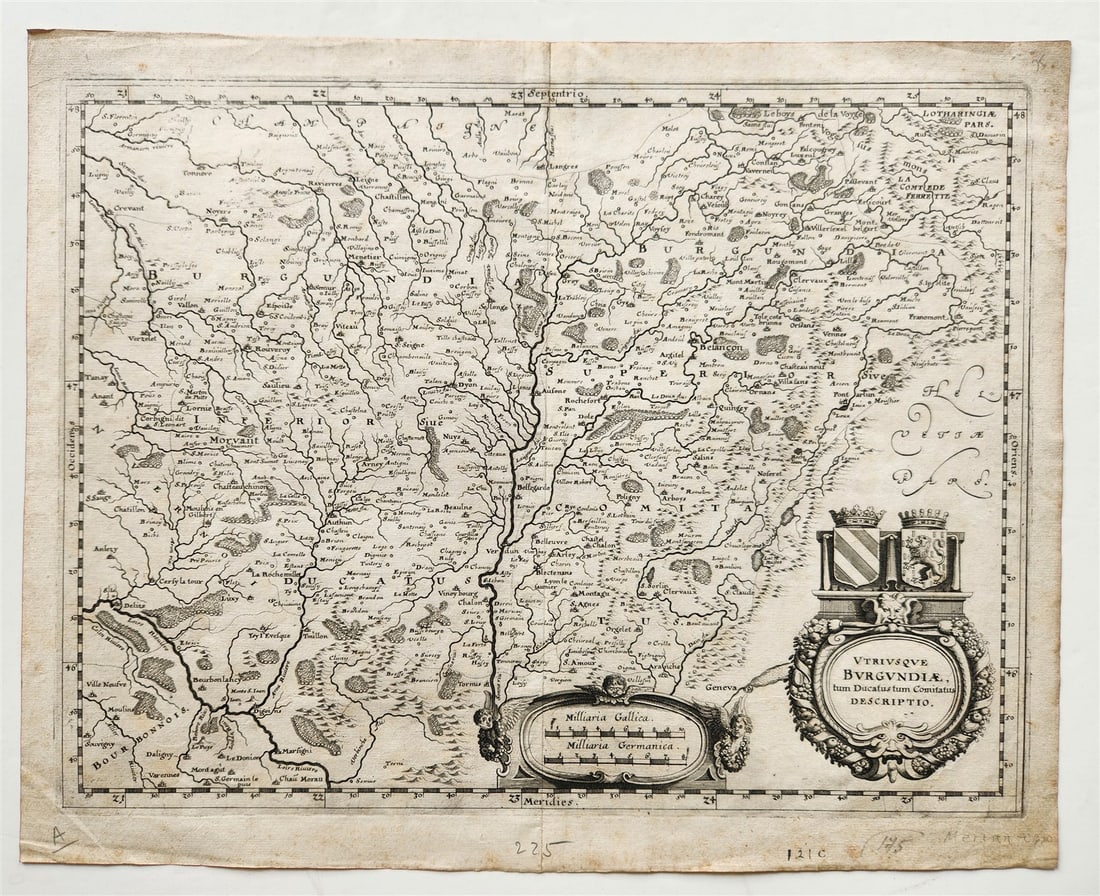 1646 MAP of BURGUNDY FRANCE antique UTRIUSQUE BURGUNDIAE TUM DUCATUS COMITATUS: UTRIUSQUE BURGUNDIAE, TUM DUCATUS TUM COMITATUS DESCRIPTIO. Map of the French Burgundy wine region by Merian, Matthaeus. Published by Johann Ludwig Gottfried: Frankfurt ; 1646. Size 12 by 15 1/4 inche