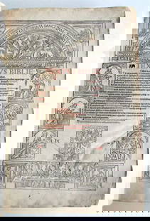 1529 BIBLE ILLUSTRATED LATIN TEXTUS BIBLIE antique FOLIO RARE 16th CENTURY: Textus Biblie hoc in opere hec insunt. Lyon: Johanem Crespin, 1529. Folio: 10 by 14" (355 x 250 mm). Gothic type. Text in double columns within rule borders. Title printed in red and black, with small