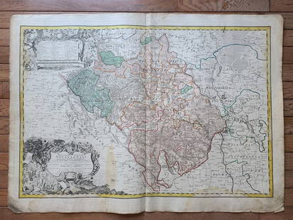1736 LARGE MAP OF SILESIA POLAND OPPAVIENSIS antique 25 by 34 3/4": Principatus Silesiae OPPAVIENSIS. novissima Tabula geographica a I. W. Wieland Locumtenente Caesareo by HOMANN HEIRS. Nuremberg, 1736. The land survey was done by J. W. Wieland, and corrected by M. v.