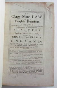 1747 CLERGY-MANS LAW by WILLIAM WATSON antique in ENGLISH FOLIO: Watson, William. The Clergy-Man's Law: or, the Complete Incumbent .. Savoy; 1747. Later rebound half calf and marbled boards, gilt-lettered panelled spine. Some upper corners damp-marked, some brownin