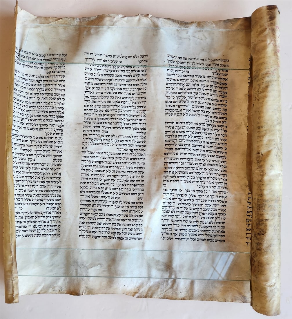 TORAH SCROLL FRAGMENT MANUSCRIPT on VELLUM antique BIBLE DEUTERONOMY 12:9-15:9: Size 20.5 by 25". DEUTERONOMY 12:9-15:9. 12. You must not worship the LORD your God in their way, because in worshiping their gods, they do all kinds of detestable things the LORD hates. They even bur