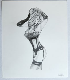 ILLUSTRATION ART FEMALE in LINGERIE PENCIL DRAWING vintage signed