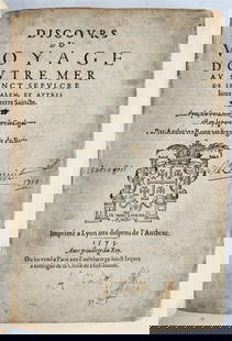 1573 VOYAGE to JERUSALEM & HOLY LAND PLACES antique FULLY ILLUSTRATED w/ MAPS: Regnault, Antoine (16th century). Discours du Voyage d'Outre Mer au Sainct Sepulcre de Ierusalem et autres Lieux de la Terre Saincte. Lyon: Imprimé aux depens de l'Autheur; 1573. First edition. woodc