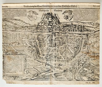 1572 WURZBURG GERMANY HERBIPOLIS MAP from SEBASTIEN MUNSTER COSMOGRAPHY antique