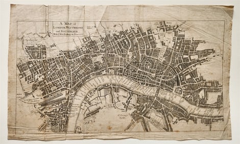 1733 MAP of LONDON WESTMINSTER & SOUTHWARK w/ NEW BUILDINGS to 1733 antique