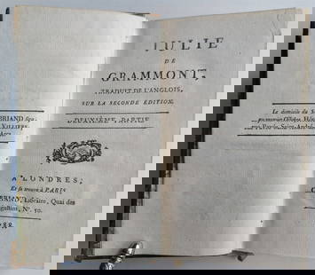 1788 JULIE de GRAMMONT in FRENCH antique VOL. II: JULIE de GRAMMONT,. traduit de l'anglois, sur de la seconde edition. Part II. London; 1788. Text in French. Size 4 by 6 3/4". Original half leather, marbled endpapers. 303 pages. Very good condition,