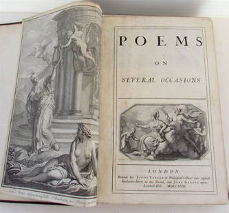 1718 POEMS on SEVERAL OCCASIONS antique FOLIIO by Matthew Prior in ENGLISH: [Prior, Matthew]. Poems on Several Occasions. London: Jacob Tonson & John Barber, 1718. engraved frontispiece, engraved title-vignette, decorative headpieces & initials, original panelled calf,. old r