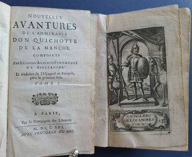 1716 DON QUIXOTE DE LA MANCHE 2 VOLS antique ILLUSTRATED RARE FRENCH EDITION: NOUVELLES AVANTURES. de l'admirable. DON QUICHOTTE DE LA MANCHE. compose'es. par le Licencie Alonso Fernandez de Avellaneda:. Et traduites de l'Espagnol ed Francois pour la premiere fois. Paris: Compa