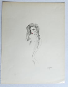 ILLUSTRATION ART EROTIC PENCIL DRAWING vintage FEMALE signed