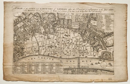 1756 PLAN of CITY & LIBERTIES of LONDON after dreadful Conflagration in 1666