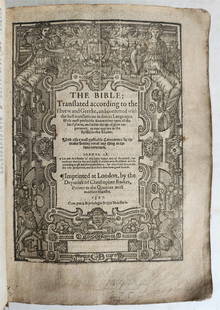 1596 BIBLE in ENGLISH GENEVA BREECHES VERSION antique ORIGINAL BINDING scarce: The Bible [Geneva version]. An English "Breeches Bible". woodcut title page,. separate title pages for New Testament, Concordances, and Book of Psalms,. bound with an incomplete Book of Common Prayer