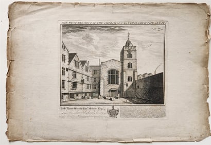1730s ENGRAVING antique West Prospect of the Church of St Bartholomew the Great