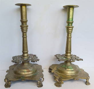 17th century RUSSIAN BRONZE PAIR of CANDLESTICKS antique RARE: Height 13". Size of the base 6.5 by 6.5". Very heavy. Some wear, middle plate in one of the candlesticks with bent and small crack, visible on the photo. Rare.
