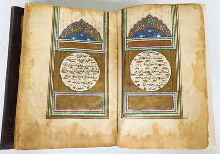 EARLY 19th century KORAN OTTOMAN MANUSCRIPT ILLUMINATED antique QURAN ISLAMIC: KORAN manuscript. Beautifully illuminated, text framed in gilt. Leather binding. Size 5 by 7.5". Beautiful calligraphy. About 300 leaves (600 pages). Very good condition, minor wear.