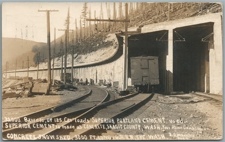 SKAGIT CO. WA railroad train concrete shed ANTIQUE REAL PHOTO POSTCARD RPPC