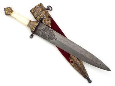 Very FINE & RARE Imperial Russian Zlatoust DAMASCUS Hunting Dagger With Gold Gilt Mounts.