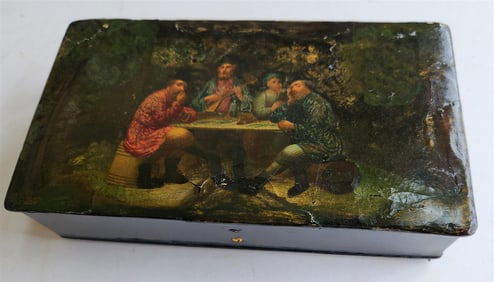 Russian 19th Century Antique Lacquer Box Lukutin Manufacture Large Tavern Scene