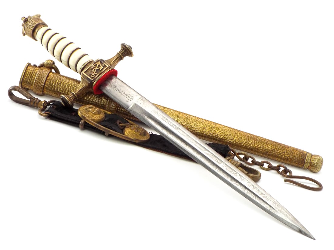 FINE Imperial German IDed Naval Officers Dagger Open Crown Pommel & Hammered Scabbard: Very FINE Antique Elephante Handle Full Length 16 Blade Length 9 Inches