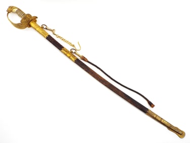 German Imperial to WWII Naval Sword With Plain Blade Complete With Its Brass Mounted Leather