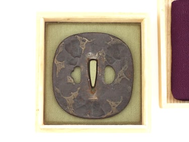 Large 19th c. Tempo Tsuba with Heaven Hot Stamp and Brass Inlay