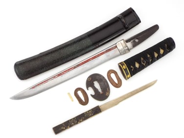 Nicely Signed Japanese Tanto with Red Lacquer Bo-hi