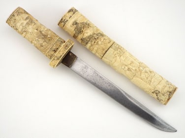 Japanese Meiji Period Tanto Knife Relief Carved FINE Mounts and Old Blade