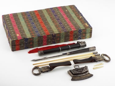 RARE Complete Boxed Chinese Qing Dynasty Solid Silver Mongolian Trousse and Flint Striker Set