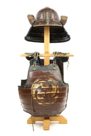 Japanese Samurai Edo Period Helmet and Armor Breastplate with Family Crest