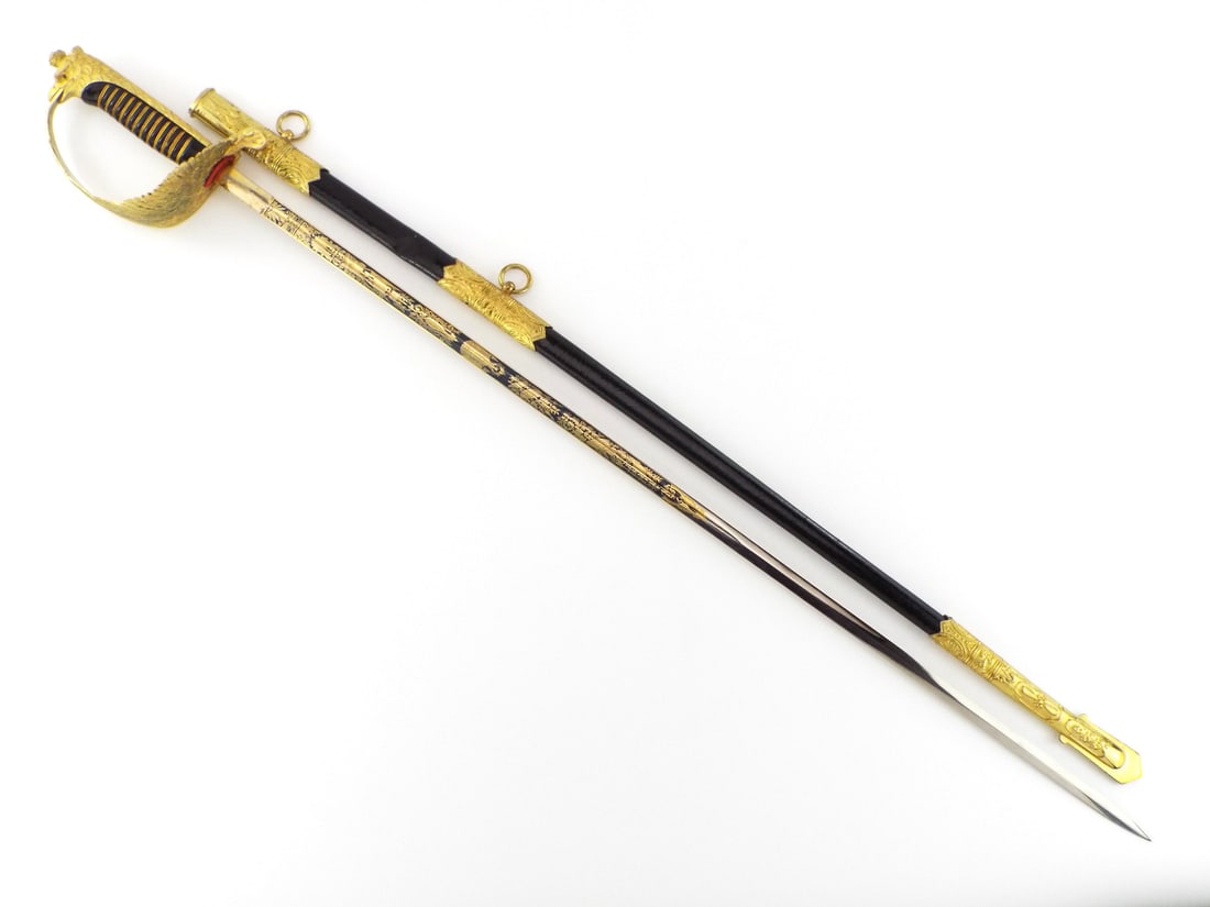 Extremely High Quality Italian WWII Air Force General Sword Fire Gild Mounts Gold & Blued Blade: Extremely High Quality Italian WWII Air Force General Sword Fire Gild Mounts Gold & Blued Blade. Super FINE and RARE Example. Full Length 36 Inches Blade Length 29.5 Inches