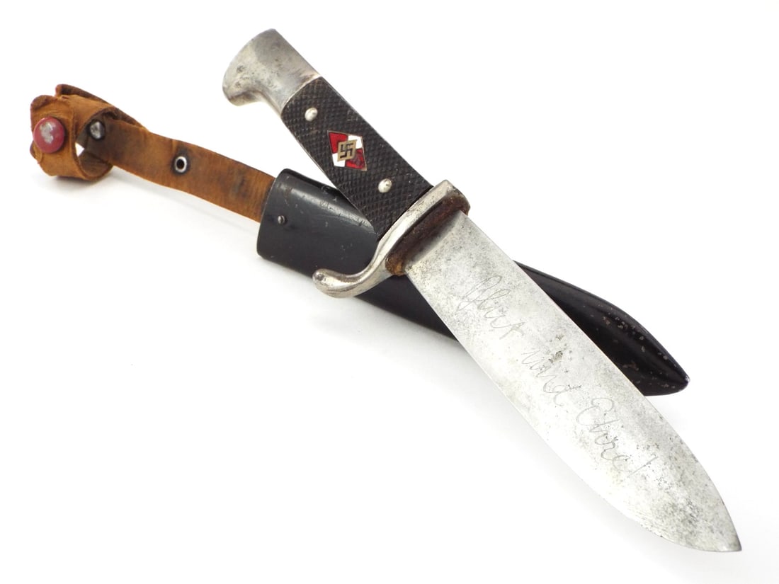 Early German WWII HJ Knife Motto on Blade by ANTON WINGEN SOLINGEN: Early German WWII HJ Knife Motto on Blade by ANTON WINGEN SOLINGEN. Full Length 10 Inches Blade Length 5.5 Inches