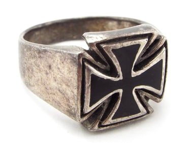 German WWI to WWII Heavy Black Enamel Iron Cross .925 Silver Ring