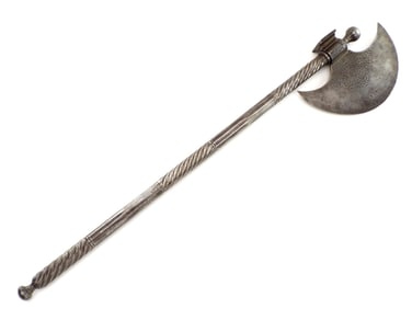 19th C. Indian Tabar Battle Axe With Profoundly Etched Decorations To The Axe Head On Its Colossal