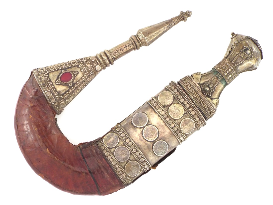 Antique Tribal Bedouin Jambiya Dagger Silver Mounts with Silver Indian Coins: Antique Tribal Bedouin Jambiya Dagger Silver Mounts with Silver Indian Coins Full Length 13 Inches Blade Length 7 Inches