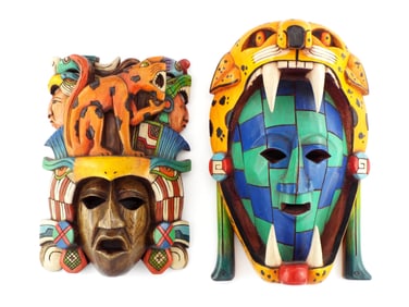 Lot of 2 Mexican Carved & Painted Wood Cheetah Masks