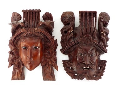 FINE Pair of Chinese Hand Carved Rosewood Masks of Daoist Deities