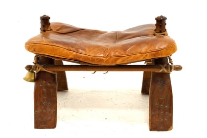 Antique Persian Leather and Wood Camel Saddle With Brass Details